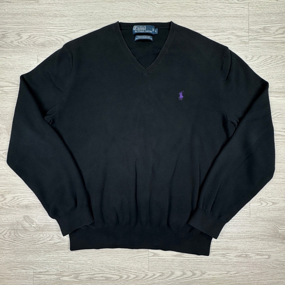 Polo Ralph Lauren Men's Sweater V-Neck Black Large Pima Cotton Purple Pony